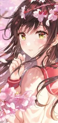 Enhance your phone's aesthetic with this anime-inspired live wallpaper! It features a stunning young girl with flowery hair, showcasing her expressive face