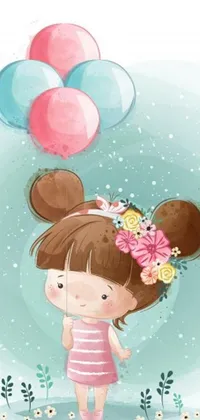 This phone live wallpaper features a vector art of a charming little girl holding a colorful balloon bunch with soft pastel colors and subtle animation