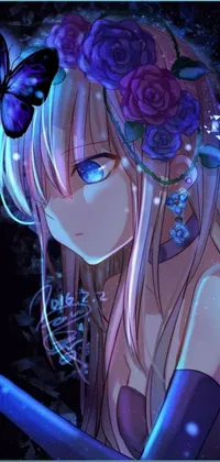 The phone live wallpaper showcases an alluring anime drawing featuring a girl with a butterfly in her hair