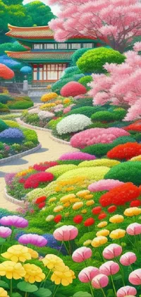 This live wallpaper, depicting a beautiful garden with abundant flowers, is a work of art by a skilled painter named Miwa Komatsu