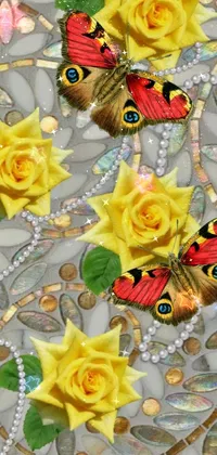 This phone live wallpaper features a captivating display of yellow roses resting upon a striking, mosaic tile design
