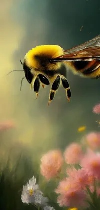 This phone live wallpaper depicts two bees gracefully flying over a colorful field of flowers