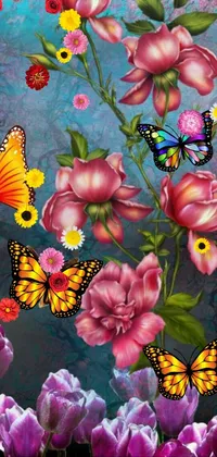 This phone live wallpaper showcases a beautiful airbrush painting of a vibrant flower field with fluttering butterflies