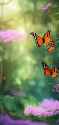 This stunning phone live wallpaper features a digital art scene of beautiful butterflies flying over a lush green forest
