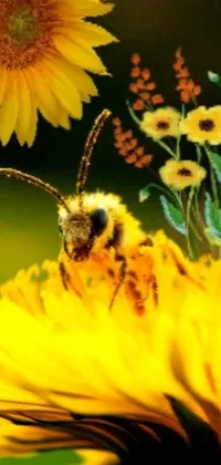This phone live wallpaper showcases a stunning image of a bee resting atop a yellow flower