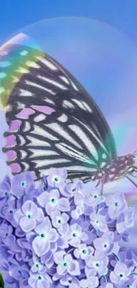 This live phone wallpaper features a beautiful butterfly sitting on a purple flower set against a holographic background, with an animated soap bubble effect adding to the dreamy and magical feel
