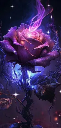 This <a href="/">live phone wallpaper</a> features a beautiful purple rose sitting on top of a tree, set against a dreamy background with a burst of delicate flowers
