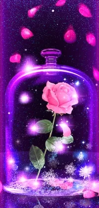 This phone live wallpaper boasts a charming digital depiction of a pink rose housed in a glass jar atop a table