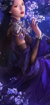 This live phone wallpaper depicts a serene, fantasy scene of a woman in a purple dress on a swing, surrounded by magic flowers