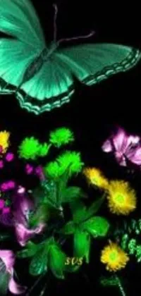 This compelling live wallpaper showcases a florid digital art of a butterfly perched upon a multicolored bunch of flowers