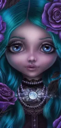 If you're looking for a captivating live wallpaper for your phone screen, this one may be perfect for you! Featuring stunning digital art of a girl with blue hair adorned with purple roses, this wallpaper is inspired by the popular Gothic art trend and features 4k detail fantasy
