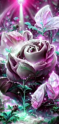 This phone live wallpaper showcases a stunning rose inside a clear glass ball, surrounded by purple crystals, fantasy emojis, and delicate butterflies