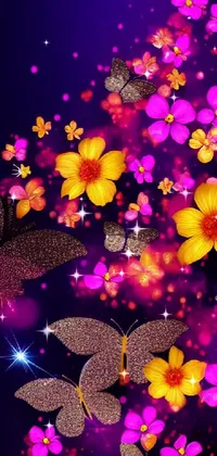 Decorate your phone with this stunning live wallpaper featuring a lively bunch of colorful butterflies flying across a vibrant and glowing neon flowers background
