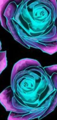 This phone live wallpaper features a symmetric pattern of purple and blue roses on a black background, in a retro wave and vaporwave cartoon style