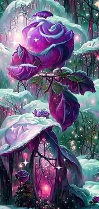 This live wallpaper for phones features a striking, highly-detailed painting of a purple rose in a snowy, fantasy forest scene
