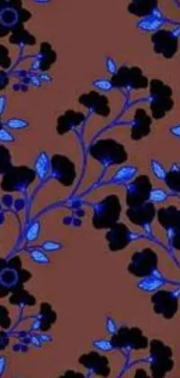 This live wallpaper features a blue and black flower pattern on a warm brown backdrop, with a blacklight-reactive glow effect