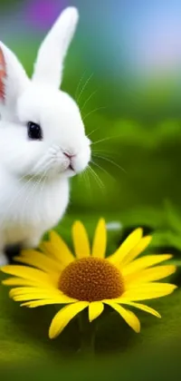 Get lost in the whimsical world of the White Rabbit and Yellow Flower Live Wallpaper! Featuring a delicate white rabbit sitting beside a striking yellow flower, this beautiful live wallpaper creates a romantic atmosphere on your phone