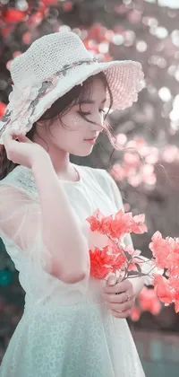 This gorgeous phone live wallpaper features a beautiful woman in a flowing white dress holding a bouquet of pink and white blossoms