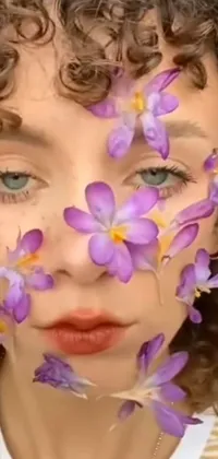 This phone live wallpaper features a captivating close-up of a mysterious figure with delicate flowers on their face