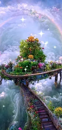 This live wallpaper features a beautiful bridge over tranquil waters, adorned with a vibrant rainbow and surrounded by lush plant life and stunning flowers