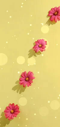 This phone live wallpaper features a group of pink flowers atop a yellow surface, designed in a minimalist style perfect for a calming background image