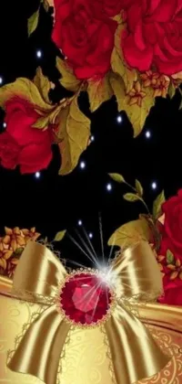 This live wallpaper exudes opulence with its rich yellow-gold background, adorned with vibrant red roses and a delicate ribbon tied in a bow
