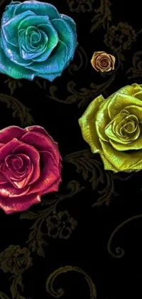 This breathtaking phone live wallpaper showcases a beautiful display of colored roses on a sleek black background, giving it an elegant and luxurious feel