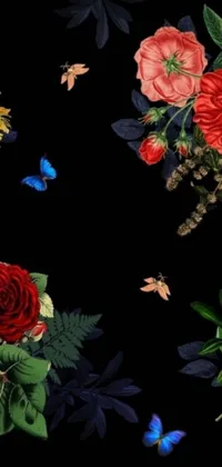 This phone live wallpaper features a stunning digital art design showcasing a bouquet of blooming flowers, fluttering butterflies and an elegant black rose frame