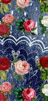 This live wallpaper features a beautiful arrangement of red and white roses on a blue gradient background