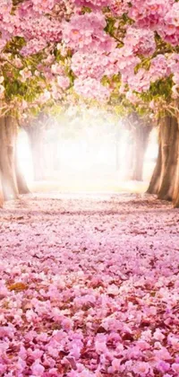 This phone live wallpaper depicts a breathtaking tunnel filled with vibrant pink flowers and falling magical leafs