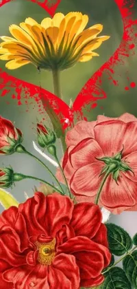This phone live wallpaper is a stunning digital painting of flowers with a heart in the background, created in the romanticism Style