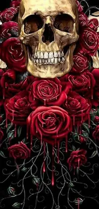 This phone live wallpaper depicts three skulls and roses set against a black background with gothic art style