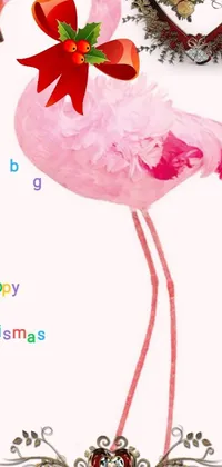 This live wallpaper features a cheerful pink flamingo wearing a red bow, dancing to music on a tropical beach surrounded by palm trees