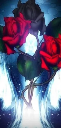 This phone live wallpaper features a digital painting of red roses in a vase with wings