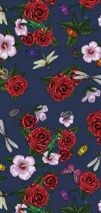 This stunning phone live wallpaper features a gorgeous pattern of roses and dragonflies set against a deep blue background