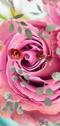 This phone live wallpaper showcases a captivating close-up view of a pink flower in a vase, surrounded by numerous roses which create a stunning portal