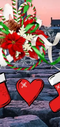 This live wallpaper showcases a cozy and festive setup with stockings resting on a rocky surface, delicate ribbons and flowers embellishing them