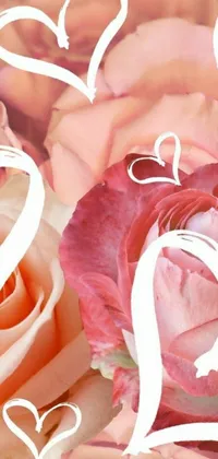 This live wallpaper for your phone is a beautiful and romantic background featuring a close-up image of a bouquet of flowers in shades of peach, roses, and jacqueline with hearts scattered throughout