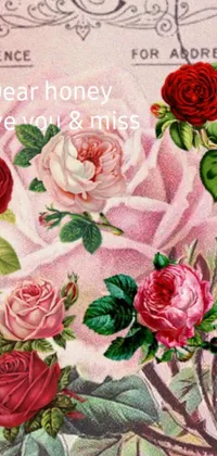This phone live wallpaper features a postcard with beautiful roses and a vintage patterned background that appears to sway in the breeze