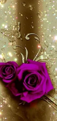 This phone live wallpaper depicts two purple roses on a gold background with glitter gif and beautiful stars