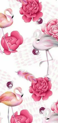 Enjoy the beauty of nature with this stunning phone live wallpaper featuring a gorgeous flamingo and rose pattern set against a pristine white background