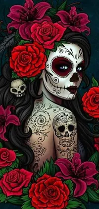 This phone live wallpaper features an intricate illustration of a woman with a skull and roses in her hair