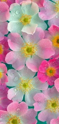 This live wallpaper features pink and white flowers with water droplets that showcase the beauty of nature