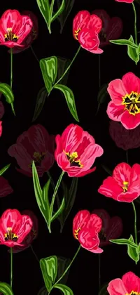 This stunning live wallpaper is a beautiful floral design featuring a bunch of red flowers on a black background