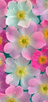 This phone live wallpaper showcases a stunning digital rendering of pink and white flowers decorated with water droplets