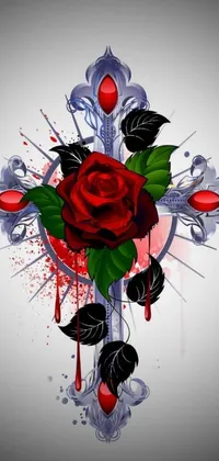 This phone live wallpaper showcases a striking red rose on top of a cross in detailed vector art