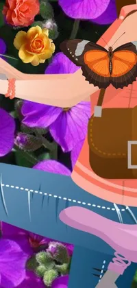 This stunning live wallpaper features a beautiful portrayal of a woman in jeans and boots, holding a leather purse with a graceful butterfly perched on her shoulder