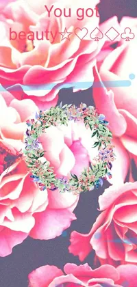 Get a stunning and unique live wallpaper for your phone with a vibrant arrangement of pink roses set against a wreath of intricate laurel leaves