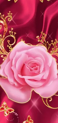 This phone live wallpaper showcases a stunning digital art of a pink rose on top of a red cloth