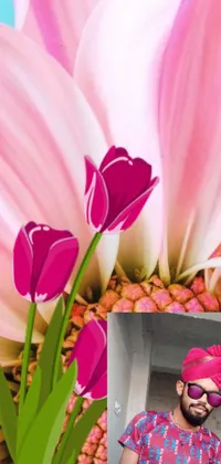 This phone live wallpaper features a stunning digital rendering of a man in a turban standing beside a vibrant tulip